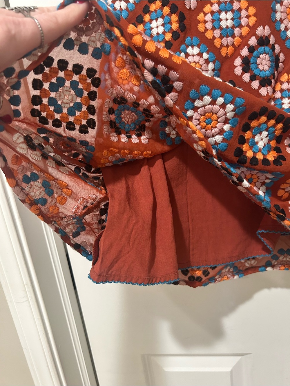 Anthropologie Rust & Boho Tile Embroidered Granny Square Midi Skirt - Picture 4 of 11